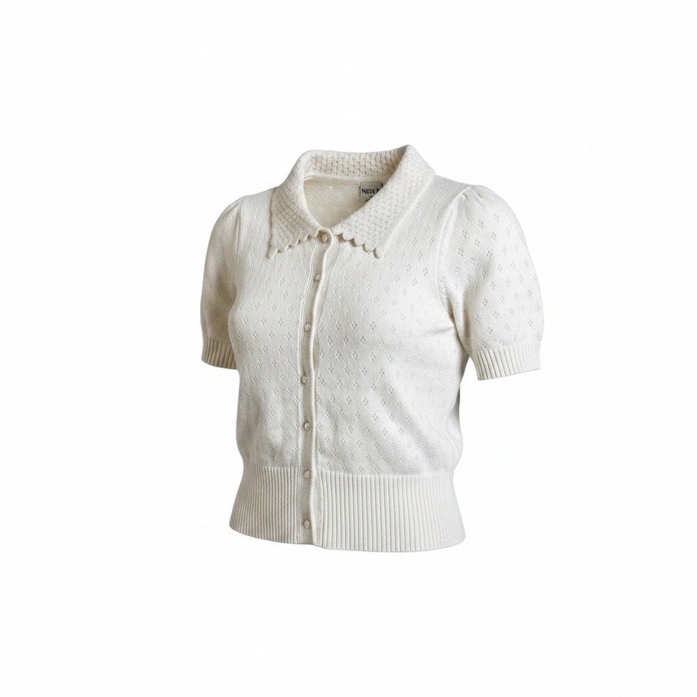 Nikka K Cream Pointelle Knit Button Up Cardigan Puff Sleeve Coquette Feminine L